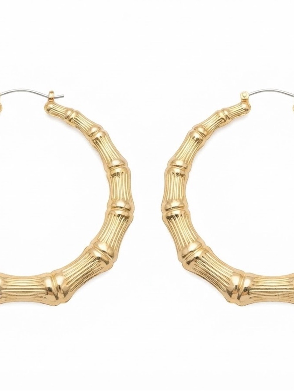 Gold Bamboo-Style Hoop Earrings - Women Jewelry - Picture 3 of 3